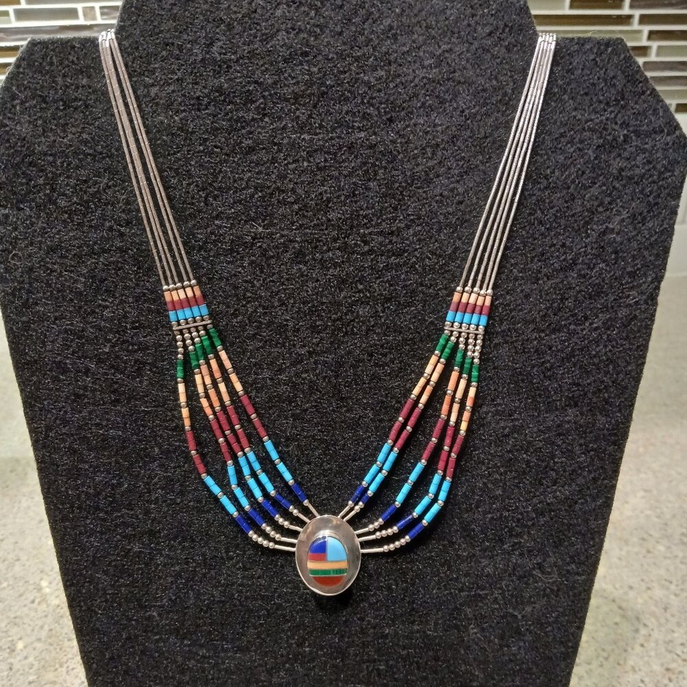 Vintage 5 Strand Liquid Silver with Multi Stone Inlaid Necklace - 16 inches